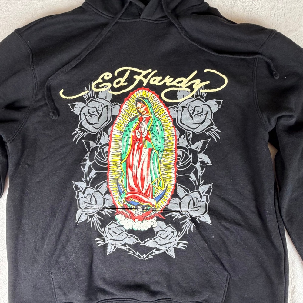 Ed Hardy Mens Large Graphic Hoodie Black Virgin Mary Rose Sweatshirt Winter - Picture 2 of 8